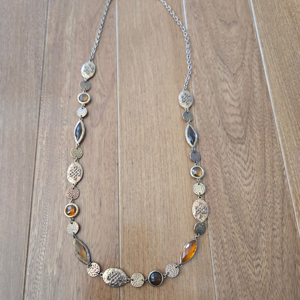 Grace Adele Amber Bronze Station Necklace Celtic Knot Hammered Boho 32"